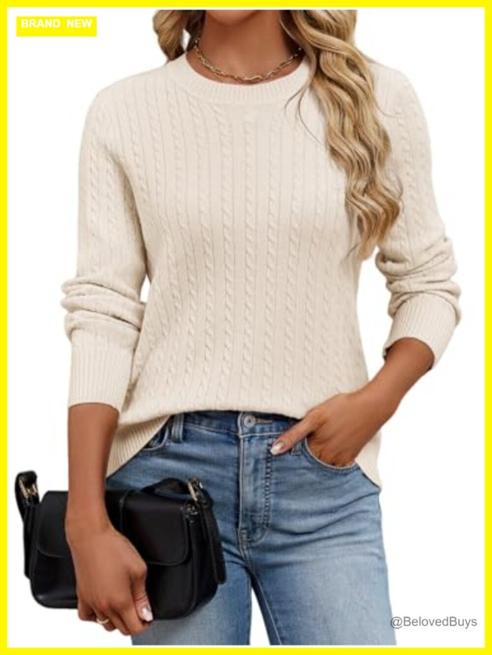 Womens Lightweight Cable Knit Pullover Sweater Crew Neck Long Sleeve